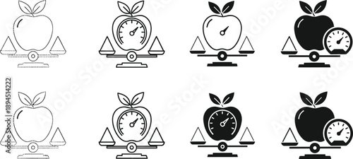 Black and white vector icon set featuring apples on scales with speedometer dials for healthy weight management nutrition tracking and balanced diet branding design