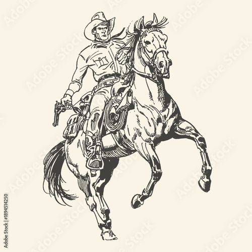 Vintage Black and White Illustration of a Cowboy Riding a Rearing Horse with a Gun, Evoking Western Adventure and Action