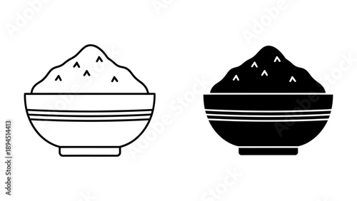 Minimalist Vector Icons of a Bowl of Steamed Rice in Line Art and Solid Silhouette Styles, Ideal for Food Menus, Restaurant Branding, and Culinary Graphic Design Projects.
