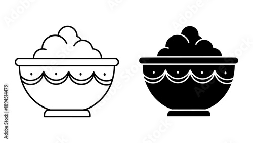 Minimalist vector icon set of a decorative bowl filled with food, featuring both line art and solid black silhouette styles on a white background for graphic design.