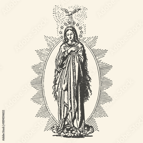 Vintage Engraving of the Virgin Mary with Holy Spirit Dove and Radiant Stars, a Classic Devotional Catholic and Christian Spiritual Illustration