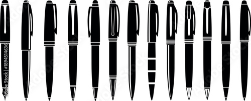 Pen Silhouette Vector Collection, Black and White Writing Instruments Set, Fountain and Ballpoint Pens, Office Stationery Icons
