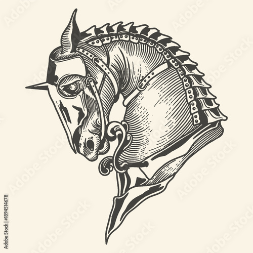 Ornate Medieval Warhorse Head in Full Armor, Vintage Engraving Style Illustration for Fantasy, Heraldry, and Historical Designs