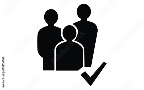 Black silhouette icon representing group of people with verification check symbol