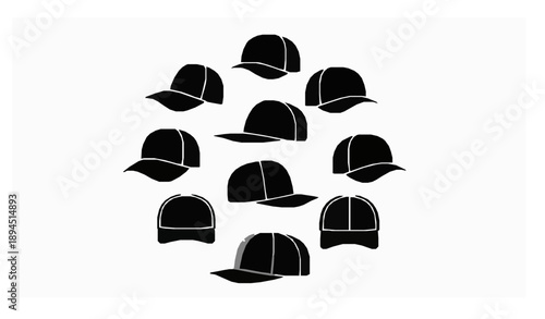 Baseball hat silhouette vector icon collection with different brim styles isolated on white