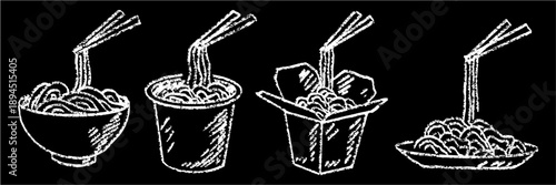 Set of menu noodle chalk drawing vector for Asian restaurants. Textured ramen art ideal for blackboard specials and food signs. Rough style.