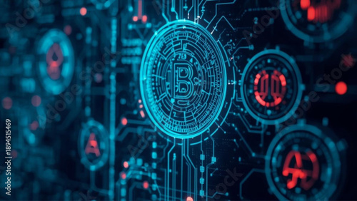 Bitcoin cryptocurrency symbol on digital circuit board with glowing neon lights