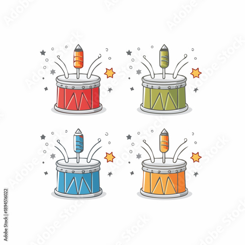 Four colorful drums with rockets on top exploding in a festive illustration surrounded by stars and confetti