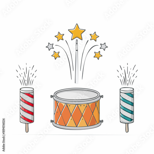 Celebratory drum surrounded by fireworks exploding into stars, viewed from the front, in a festive scene