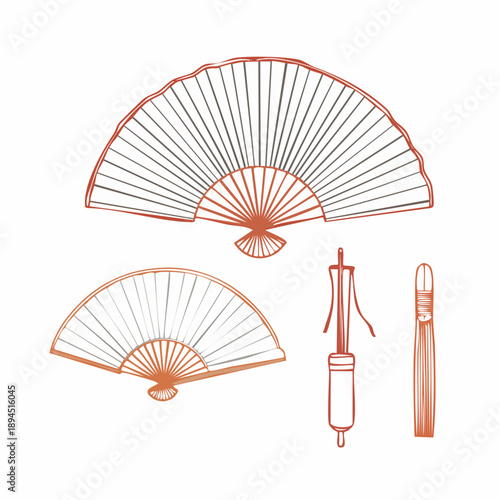 Handheld fans and accessories illustration, showcasing traditional designs and cultural heritage, viewed from a straightforward perspective.