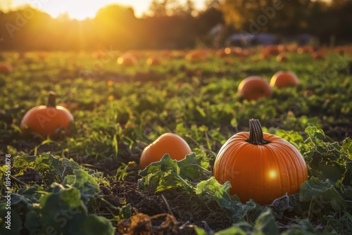 A serene pumpkin patch at sunset with vibrant orange pumpkins and lush green leaves in a rural setting, bathed in warm sunlight and peaceful atmosphere.