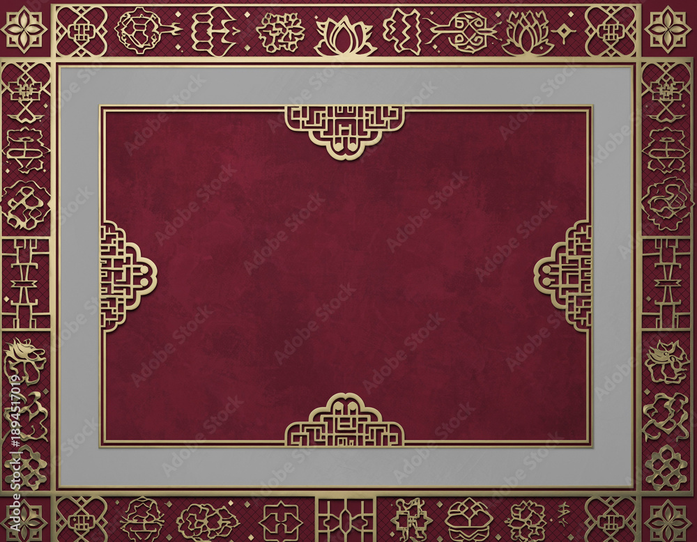 Naklejka premium Retro Chinese New Year 2026 greeting card vector illustration with elegant vintage golden floral frame and luxurious royal ornament pattern