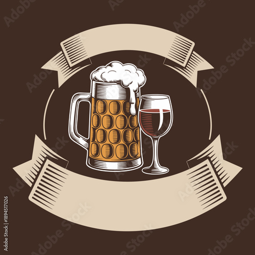 beer, wine, mug, glass, frothy, drink, alcohol, emblem, logo, badge, ribbon, banner, dark, background, beverage, beer mug, wine glass, beverage badge.