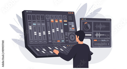 Audio engineer focused on mixing console working on music production and sound design.