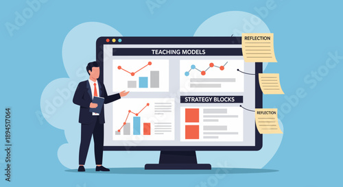Business professional presenting financial data and strategy blocks on a computer screen.