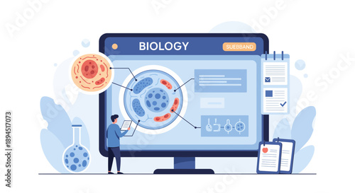 Biology education concept with digital illustration of cell structure.