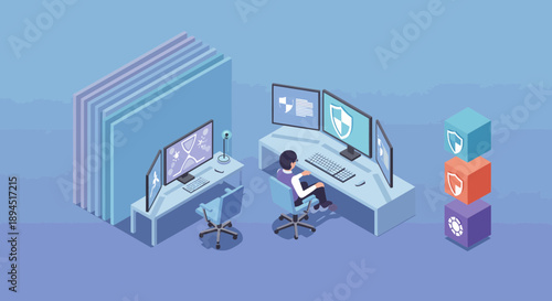 Isometric view of a modern control room with computer monitors and operator.