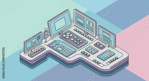 Isometric view of a futuristic control panel with multiple screens and buttons.
