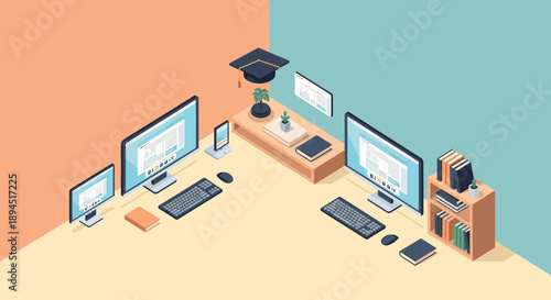 Isometric view of a modern workspace with computers and accessories.