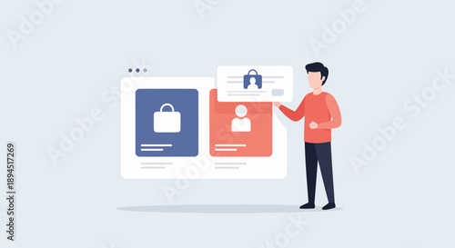 Man interacting with digital interface showcasing security and user profiles modern technology concept.