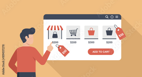 Man interacting with online shopping website selecting products adding to cart and checking prices.