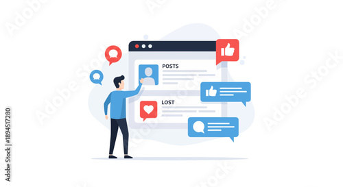 Man interacting with social media interface likes and comments.