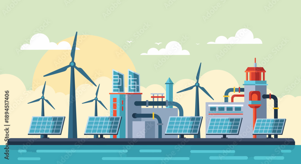 Fototapeta premium Sustainable energy production plant with wind turbines and solar panels.
