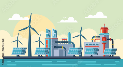 Sustainable energy production plant with wind turbines and solar panels.