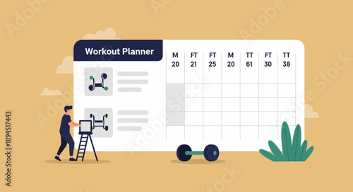 Workout planner illustration with a person and fitness equipment on a light background.