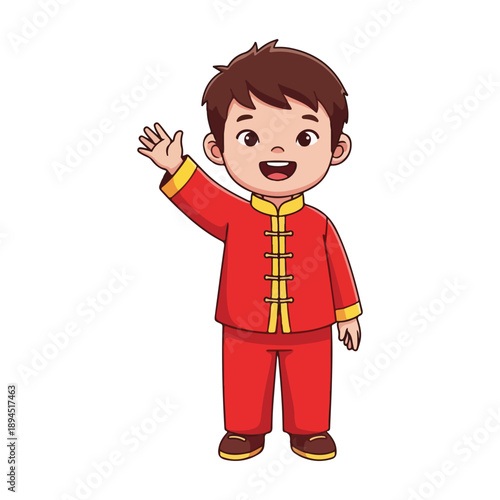 Cute Chinese Boy Waving Hand Cartoon Vector Character