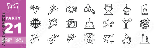 A focused collection of essential celebration line icons. Editable stroke icons highlighting key event elements like cameras, tiered cakes, cocktail glasses, and festive starbursts.