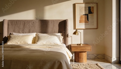 Luxury neutral bedroom interior, soft fabric headboard, warm lighting, elegant bedding, minimal decor, high-end residential interior, realistic style.