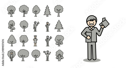 Collection of stylized trees and a businessman character.
