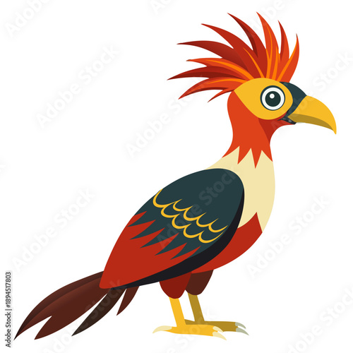 a hoopoe bird featuring a distinctive orange and red spiky crest, yellow face, curved beak, cream-colored chest, and wings with dark blue, red, and yellow scale-like patterns, rendered in a vibrant.