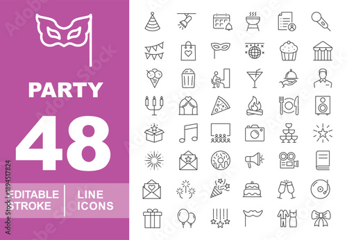 The most extensive line icon set for celebrations, catering, and evening entertainment. Editable stroke icons featuring a massive variety of symbols from food service items to professional stage spotl