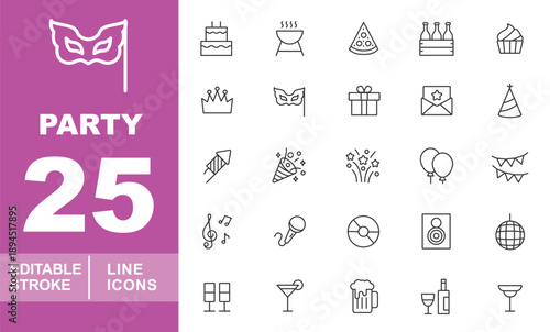 A versatile collection of celebration-themed line icons. Editable stroke icons featuring social gathering elements such as barbecue grills, beer mugs, and various musical and festive effects.