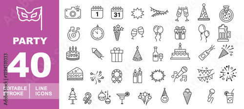 The ultimate celebration and nightlife line icon set. Editable stroke icons designed for large-scale event planning, party invitation apps, and festive branding.
