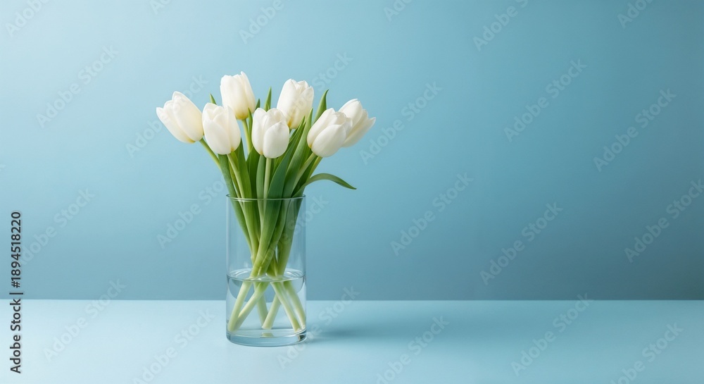 Obraz premium A minimalist botanical study of fresh spring blossoms, such as tulips or hyacinths, elegantly arranged and isolated against a solid, soothing pastel blue backdrop.