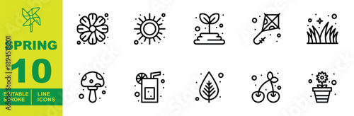 Minimalist spring-themed line icon set featuring nature and outdoor elements. Editable stroke icons designed for seasonal promotions, gardening blogs, and weather applications.