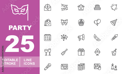 Comprehensive celebration and event line icon set. Editable stroke icons designed for event planning services, invitation designs, and festive social apps.