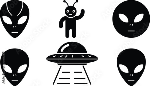 Alien head silhouette icon set with UFO flying saucer extraterrestrial figure and science fiction space symbols
