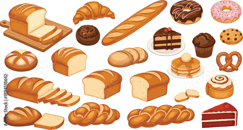 Bakery assortment with bread, pastries, cakes, and donuts