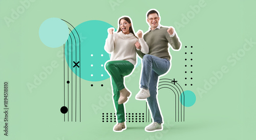 Happy young couple in warm sweaters on green background