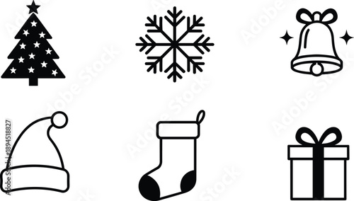 Christmas holiday icon set with tree snowflake bell santa hat stocking and gift box silhouettes
