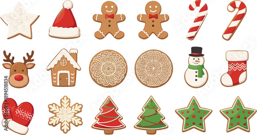 Christmas holiday cookie and dessert vector icon set featuring gingerbread men, snowflakes, candy canes, stockings, reindeer, trees, and festive decorations