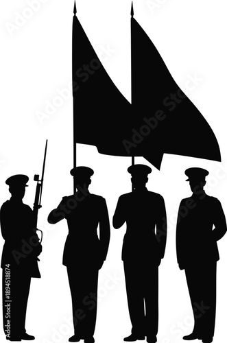 Honor guard silhouette, military ceremony emblem, flag bearer logo, rifle badge design, patriotic vector art, unity illustration, cad drawing flat vector illustration