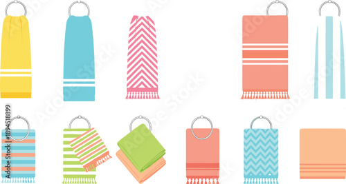 Colorful bathroom towel vector set with hanging fabric textiles, striped patterns, folded cloth designs, spa accessories, and home interior decoration elements
