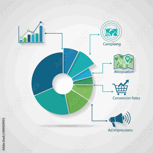 Detailed infographic illustrating business data analysis, marketing metrics, conversion rates, and ad impressions with global reach.