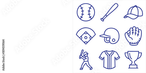 icon set featuring baseball equipment, field layout, player gear, and symbol 