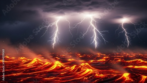 Dramatic volcanic landscape with intense lightning storm